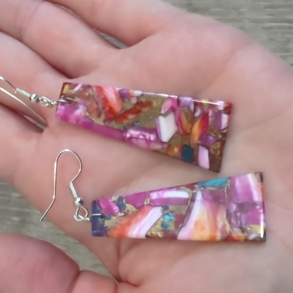 Navajo Pink Dahlia Slab Sterling Silver Earrings - Picture 7 of 7